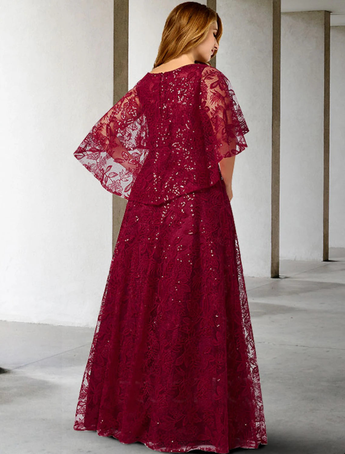 Wholesale  A-Line Mother of the Bride Dress Plus Size Hide Belly Elegant Jewel Neck Floor Length Lace Half Sleeve No with Sequin Appliques
